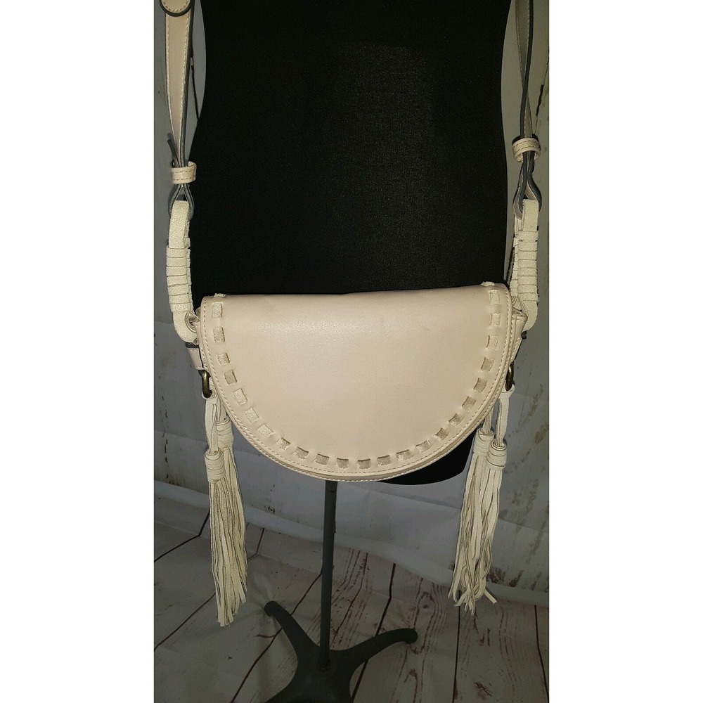Merona Bone Faux Leather Flap Boho  Hippie Saddle Tassle Purse Crossbody